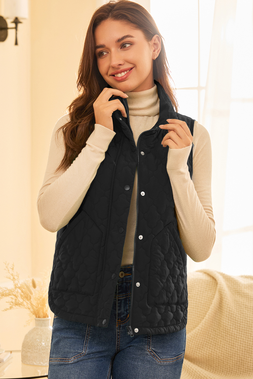 Black Flower Shape Quilted Snap Button Zip Up Winter Vest - Image 3