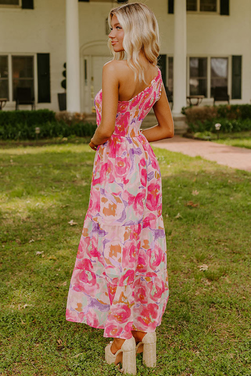 Pink Abstract Floral Print Shirred One Shoulder Maxi Dress - Image 2