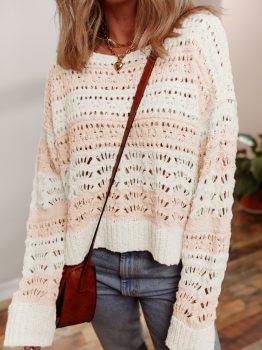 Pink Hollow-out Colorblock Drop Shoulder Casual Sweater