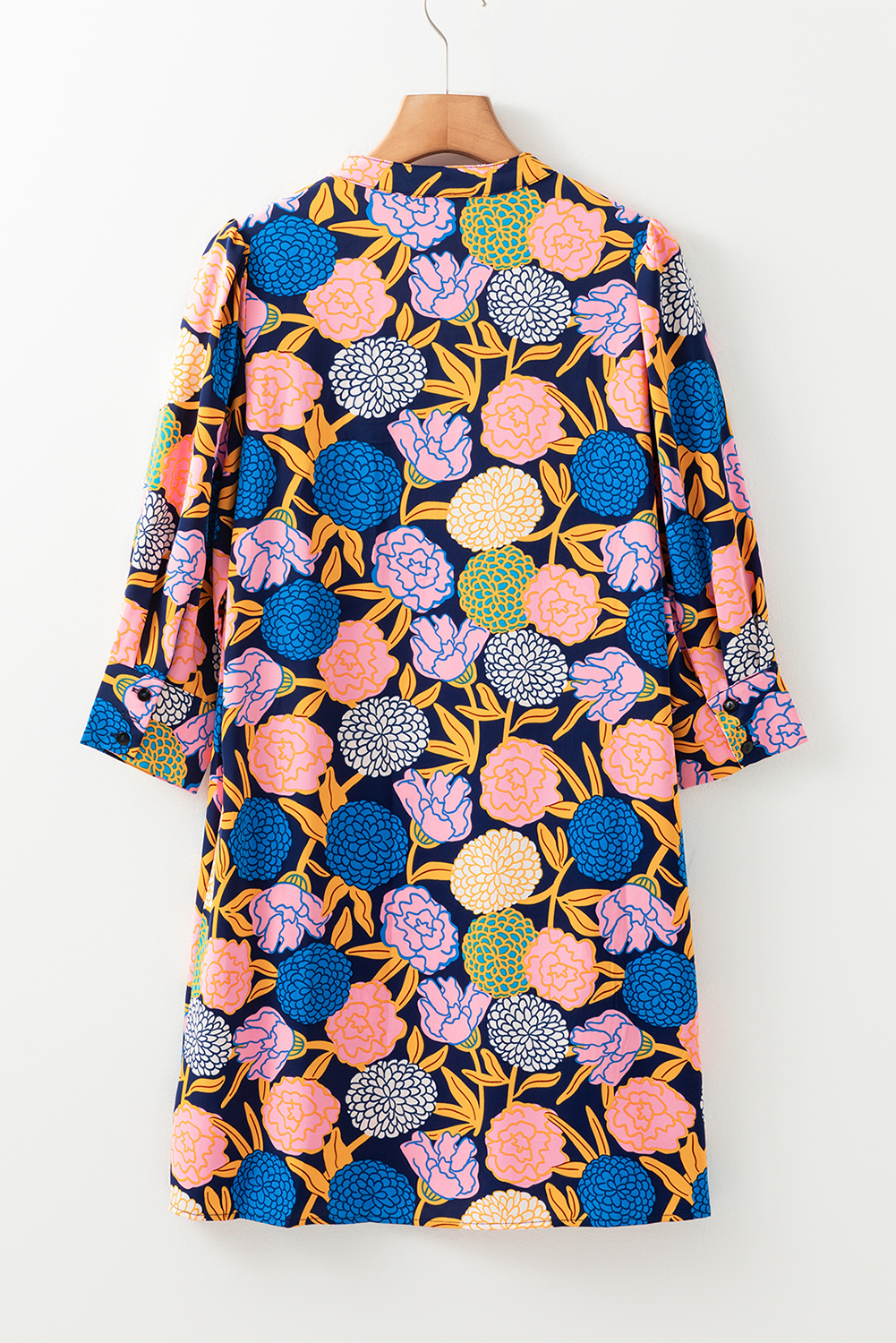 Navy Blue Hydrangea Floral Print Bishop Sleeve V Neck Shift Dress - Image 4
