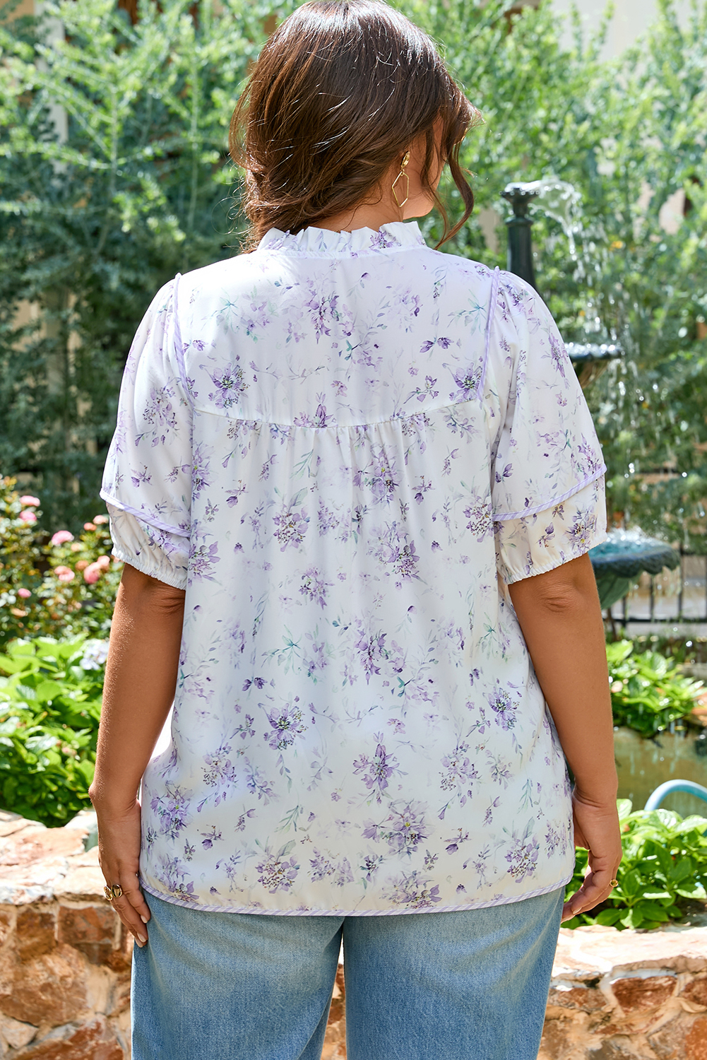 Purple Floral Trimmed Detail Split Neck Plus Size Top - Image 2