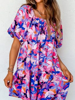 Purple Flower Print Short Puff Sleeve Ruffled Dress