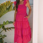 Rose Stripe Flutter Sleeve Smocked Bodice Tiered Maxi Dress