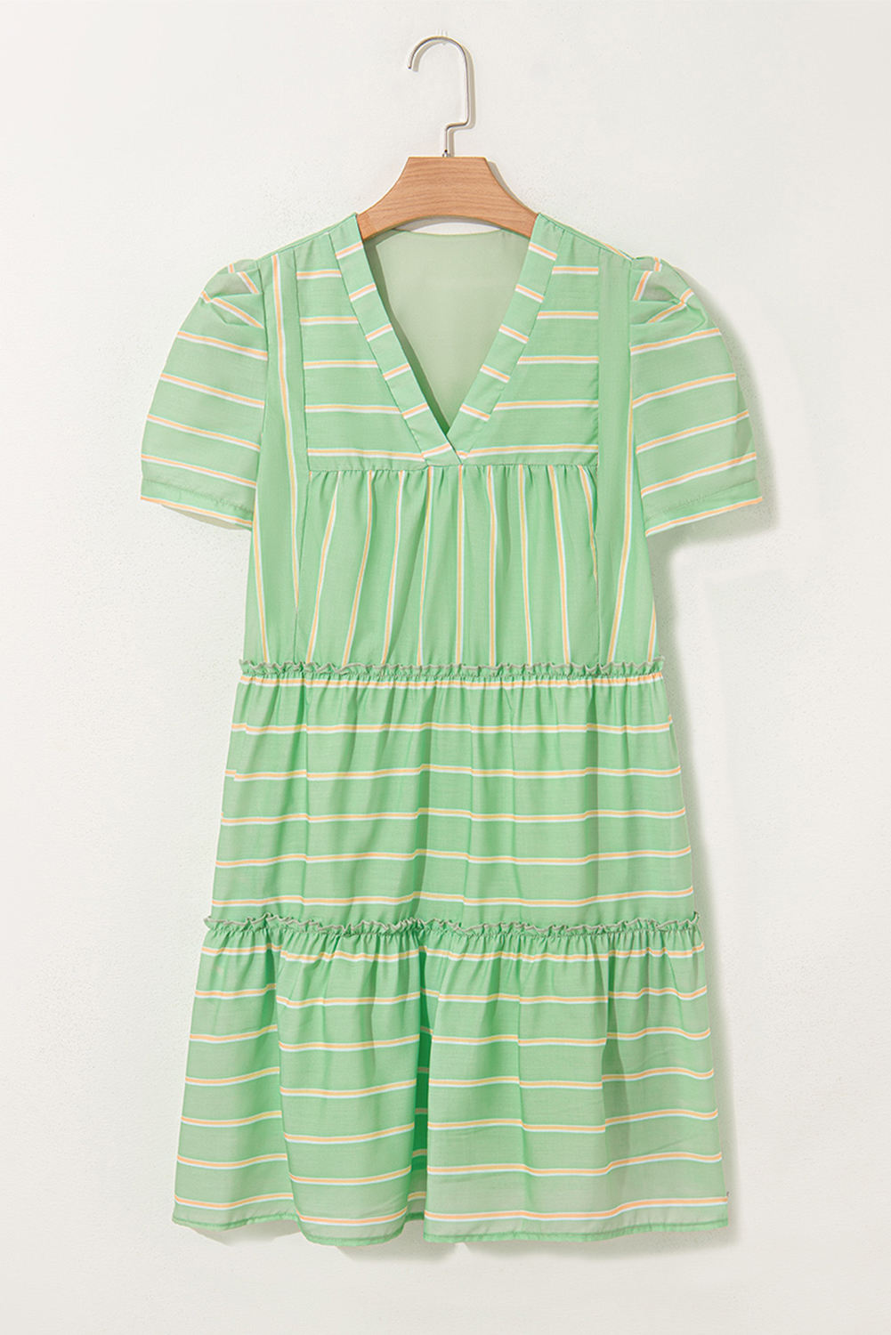 Green Stripe V Neck Short Sleeve Frilled Detail A-line Dress - Image 6