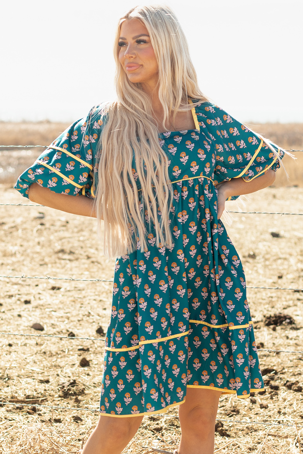 Skobeloff Floral Contrast Trim Square Neck Puff Sleeve Dress - Image 4