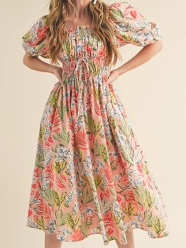Apricot Pink Floral Smocked Bust Bubble Short Sleeve Maxi Dress