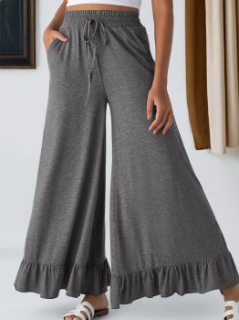 Medium Grey Ruffled Wide Leg Pull On High Waist Pants with Pockets