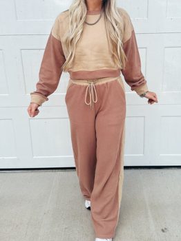 Khaki Color Block Long Sleeve Crop Top Drawstring Pant Set