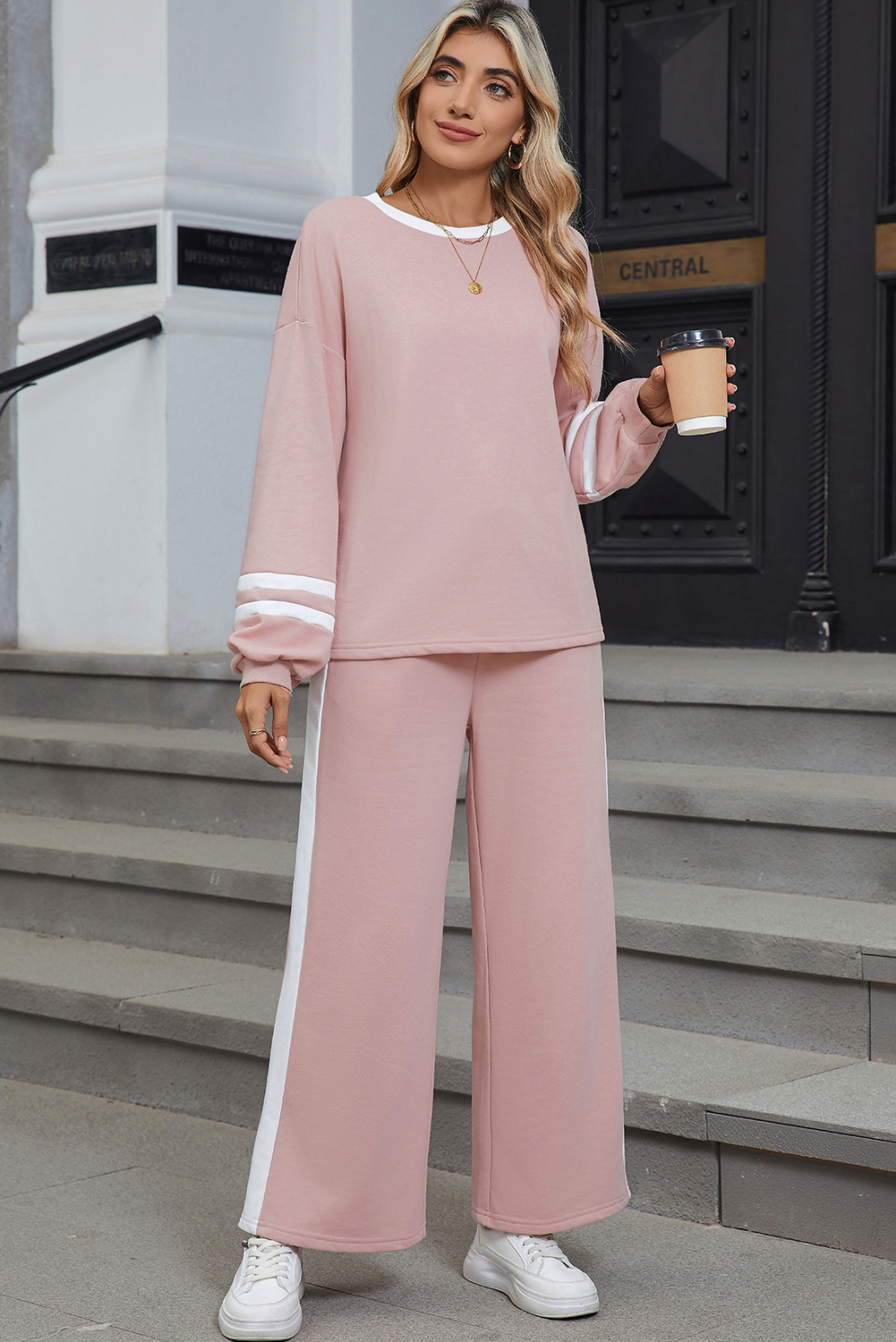 Pink Varsity Stripe Patchwork Puff Sleeve Pullover Drawstring Wide Leg Pant Set - Image 5