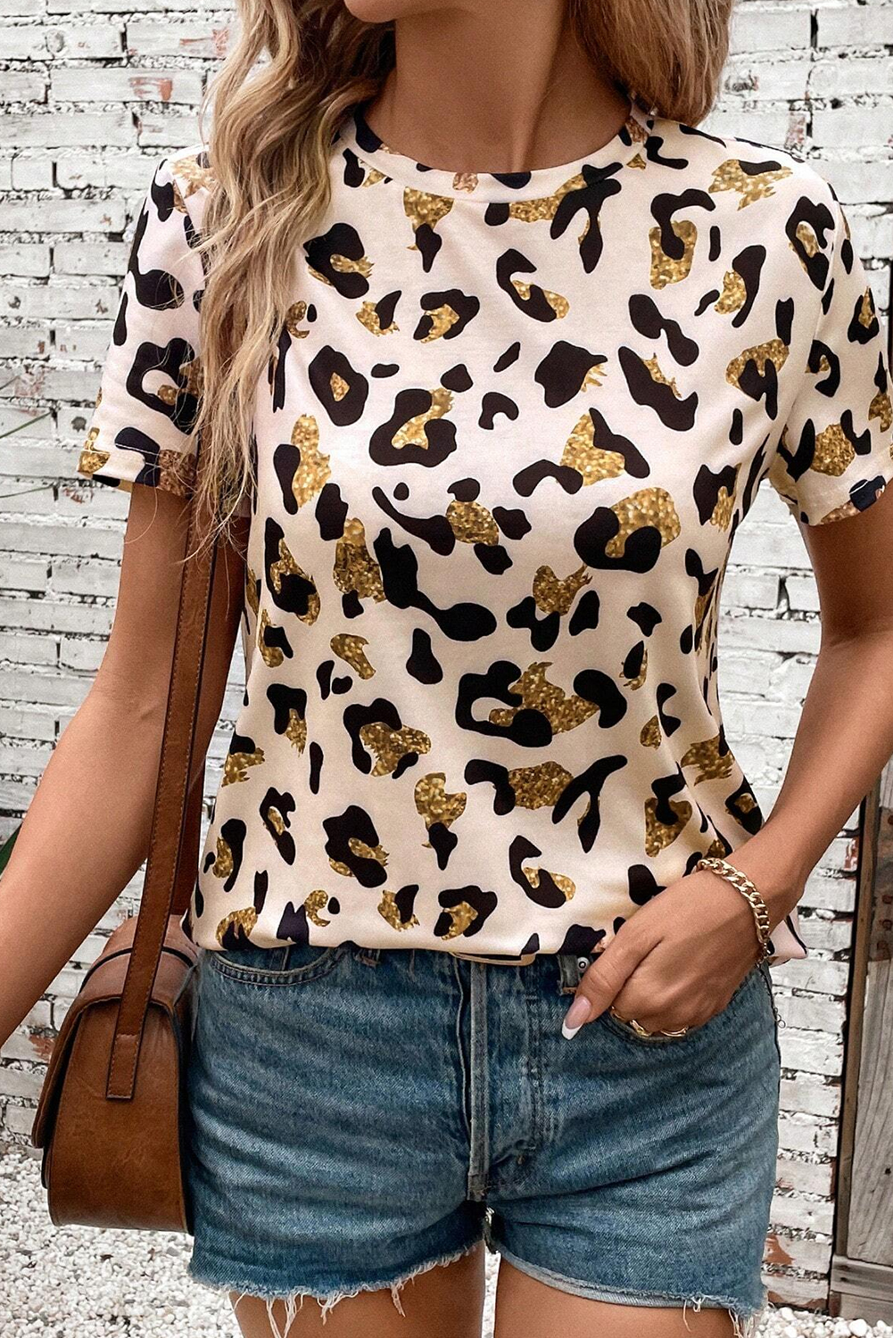Apricot Leopard Print Round Neck Casual T Shirt - Image 6
