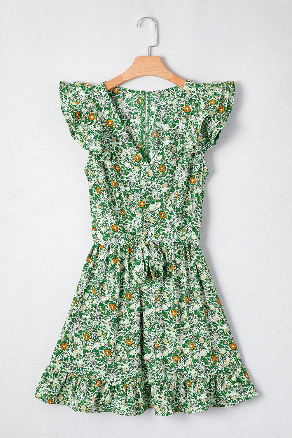 Green Flower Print Flutter Sleeve V Neck Sashed Ruffled Mini Dress - Image 7