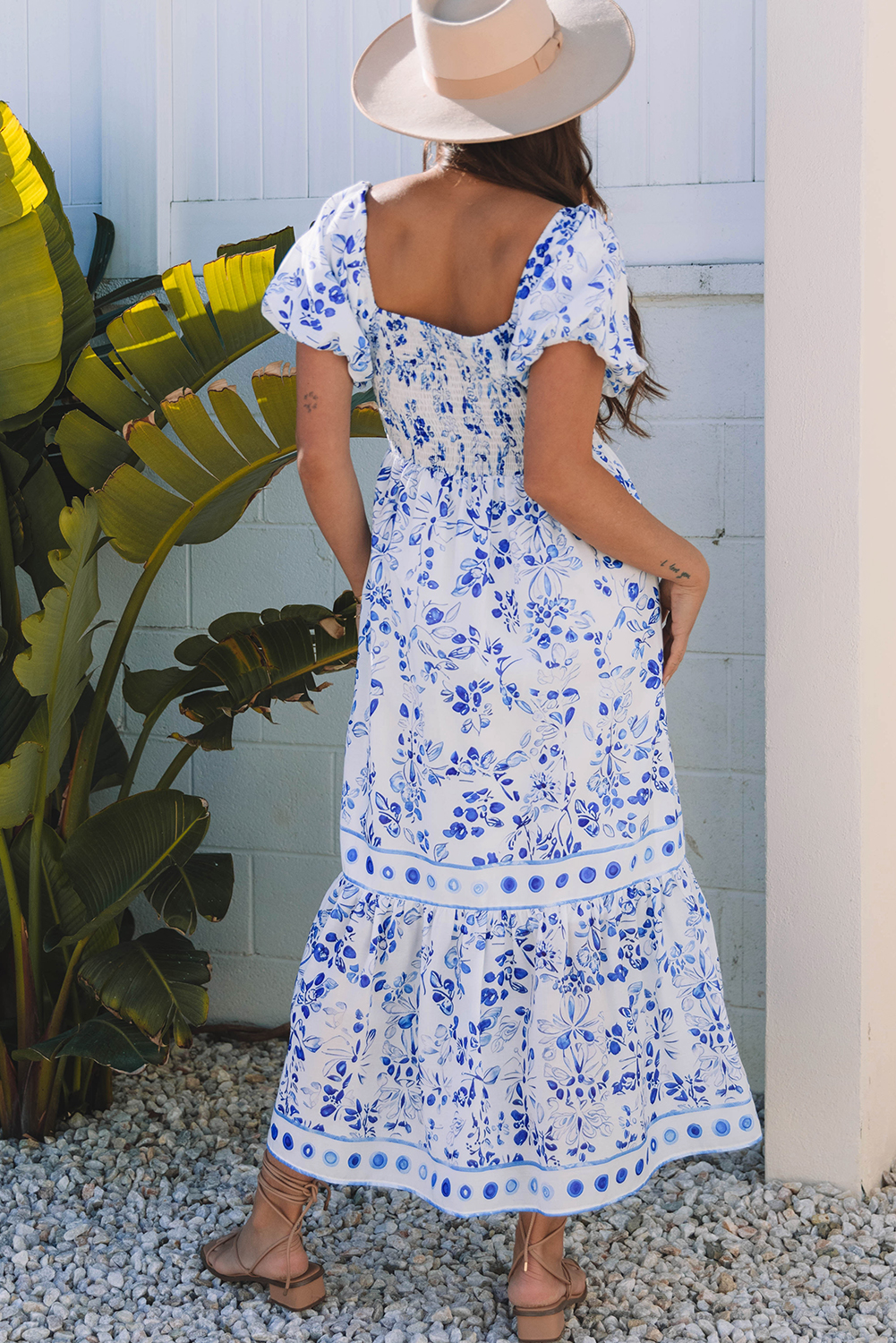 Sky Blue Floral Print Square Neck Bubble Sleeve High Waist Maxi Dress - Image 2