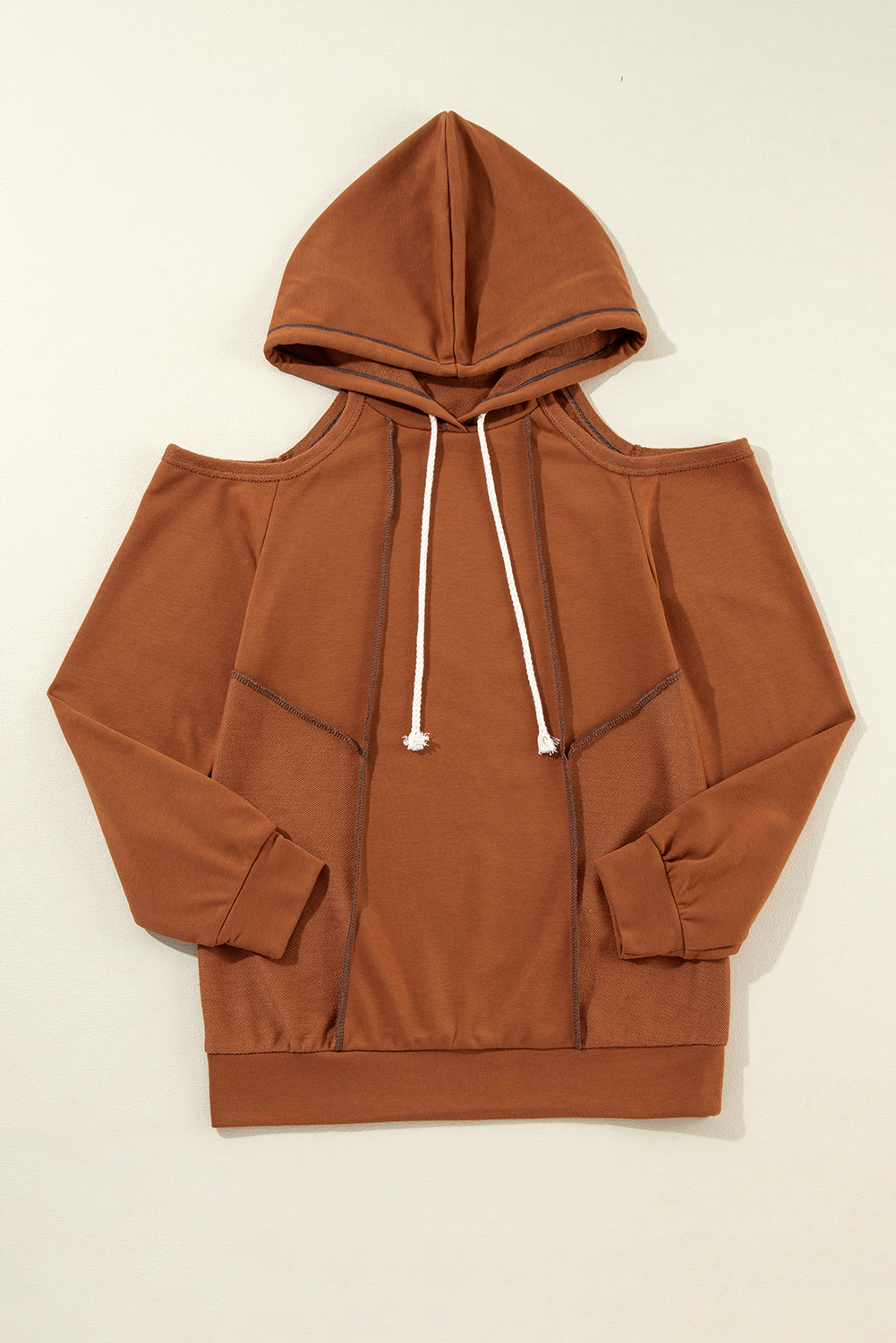 Cinnamon Exposed Seam Cold Shoulder Drawstring Hoodie - Image 7