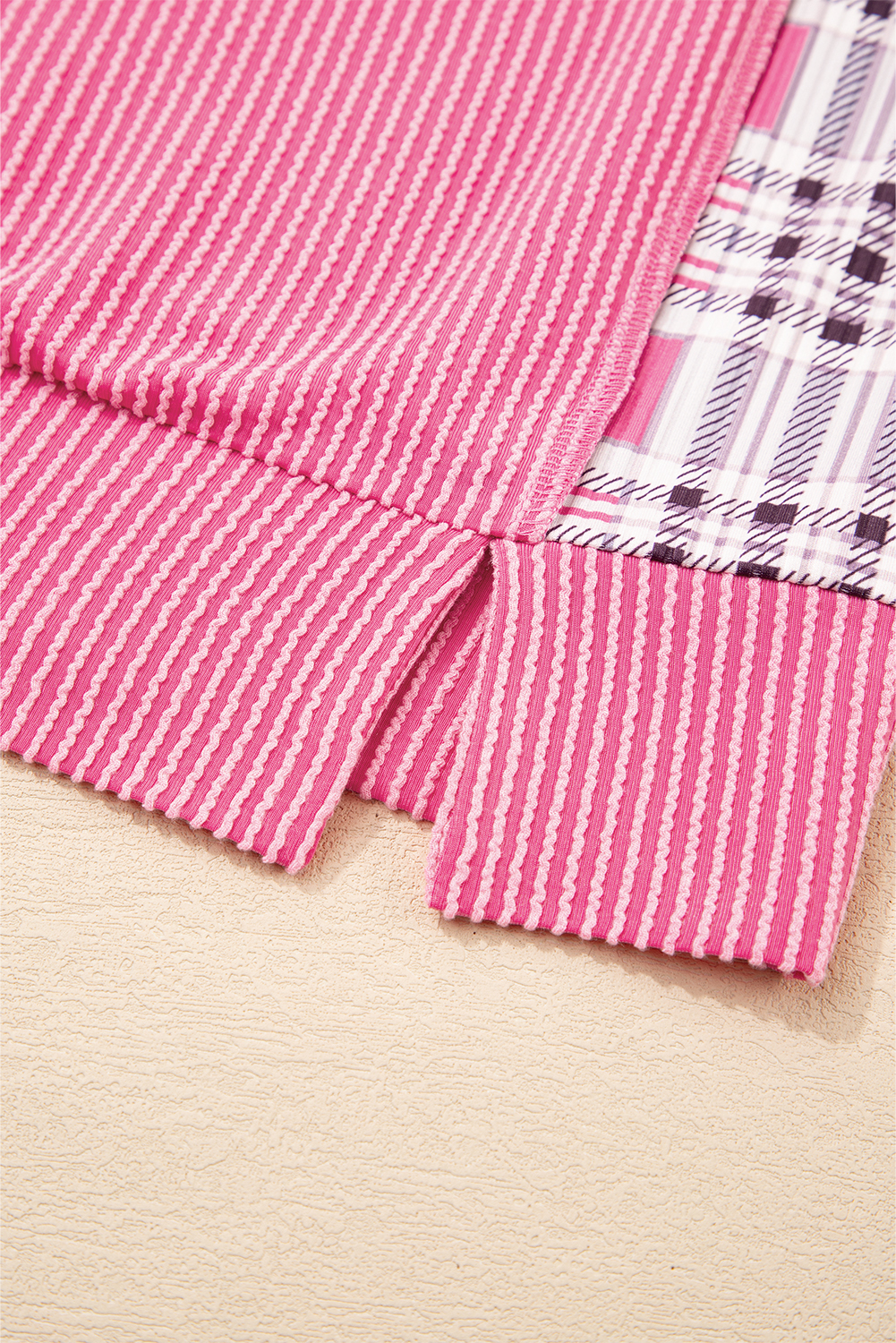 Rose Red Corded Texture Plaid Colorblock Patchwork Split Neck Long Sleeve Top - Image 5