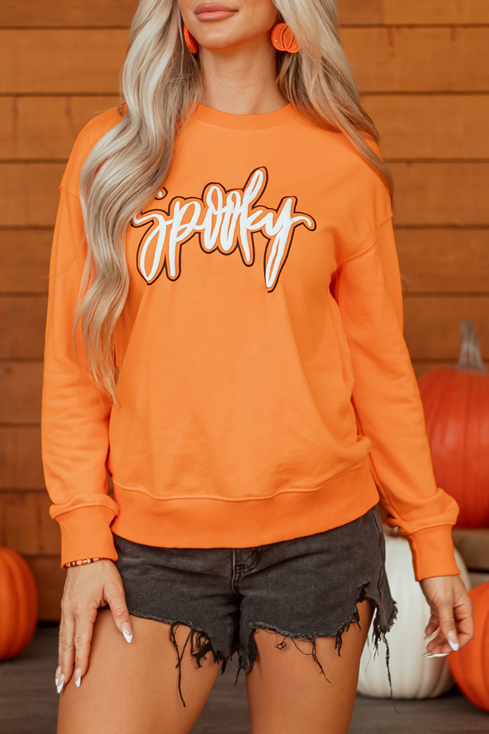 Grapefruit Orange Spooky Graphic Halloween Crew Neck Holiday Sweatshirt - Image 7