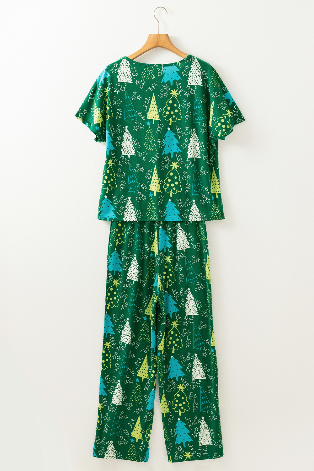 Green Christmas Tree Print V Neck Tee and Pants Lounge Set - Image 6