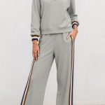 Gray Striped Patchwork Quarter Zip Pullover Loose Pant Set