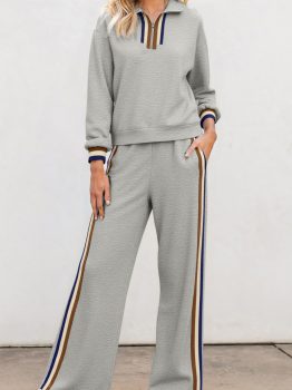 Gray Striped Patchwork Quarter Zip Pullover Loose Pant Set