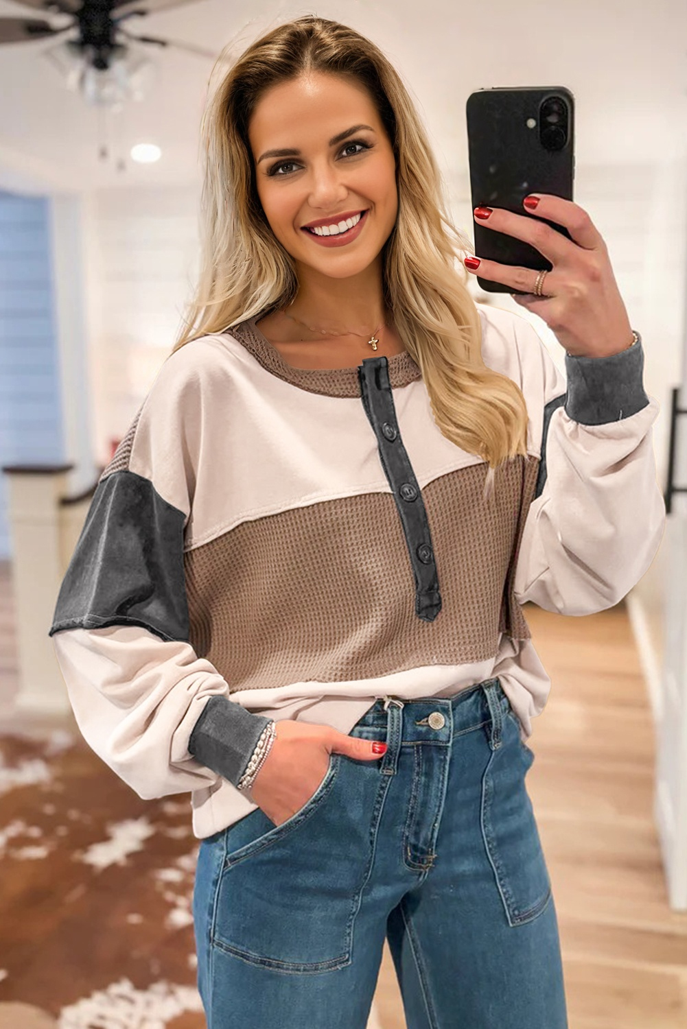 Jet Stream Color Block Waffled Patchwork Loose Henley Top - Image 3