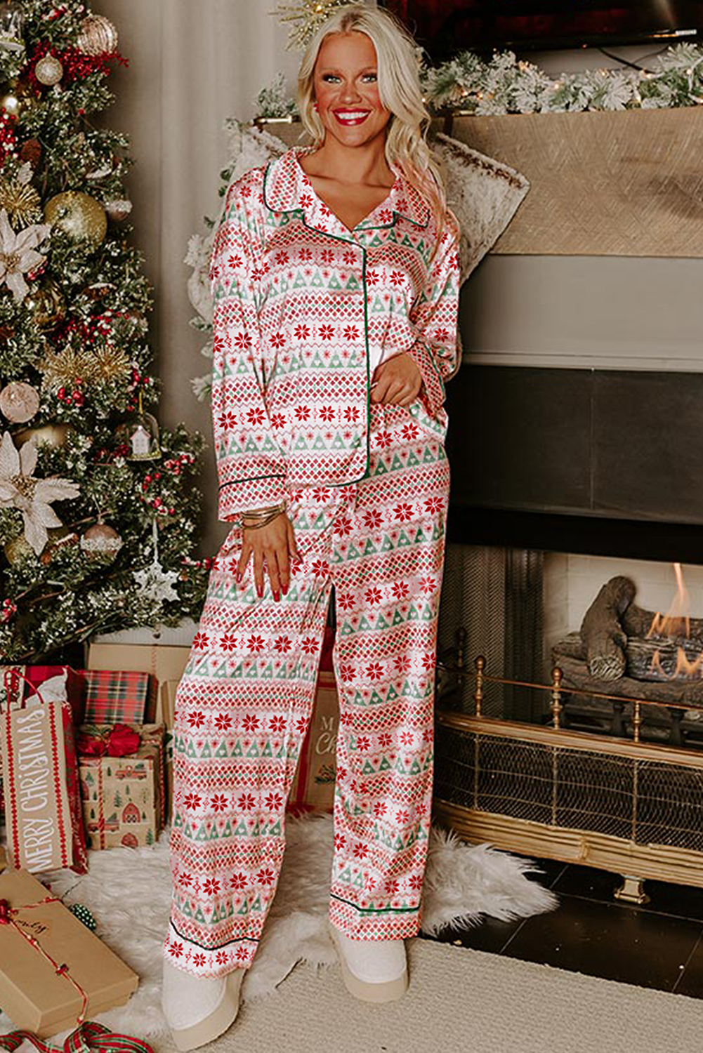 White Christmas Pattern Print Shirt Style Long 2pcs Pajama Set - Image 3