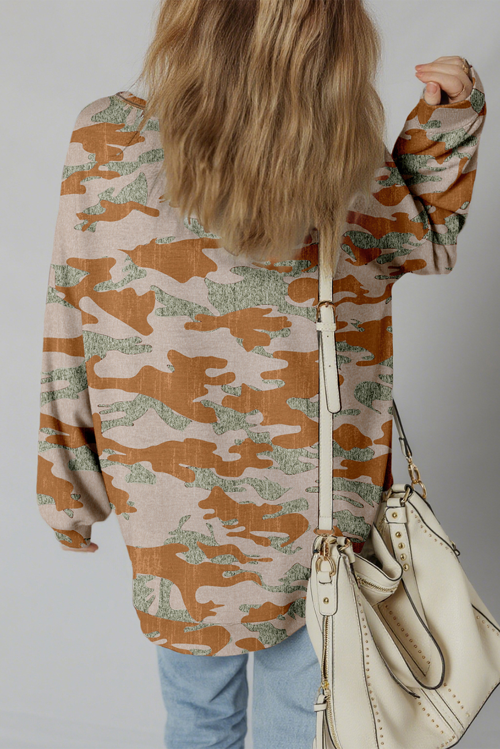 Brown Retro Camouflage Print Exposed Seam Patchwork Drop Shoulder Sweatshirt - Image 2