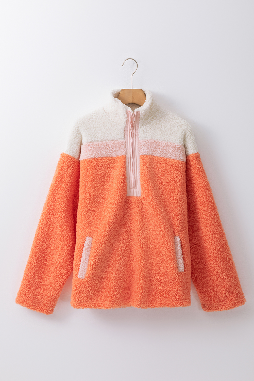 Orange Colorblock Half Zipper Stand Neck Sherpa Sweatshirt - Image 8