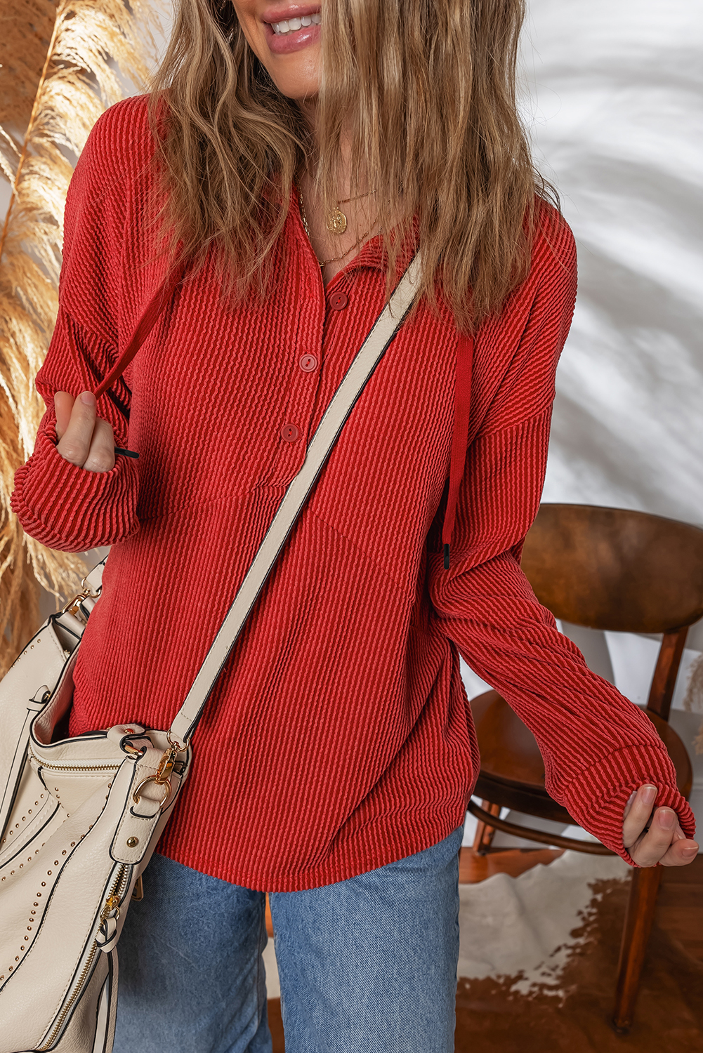Racing Red Twist Ribbed Half Button Collared Drawstring Pullover Top - Image 5