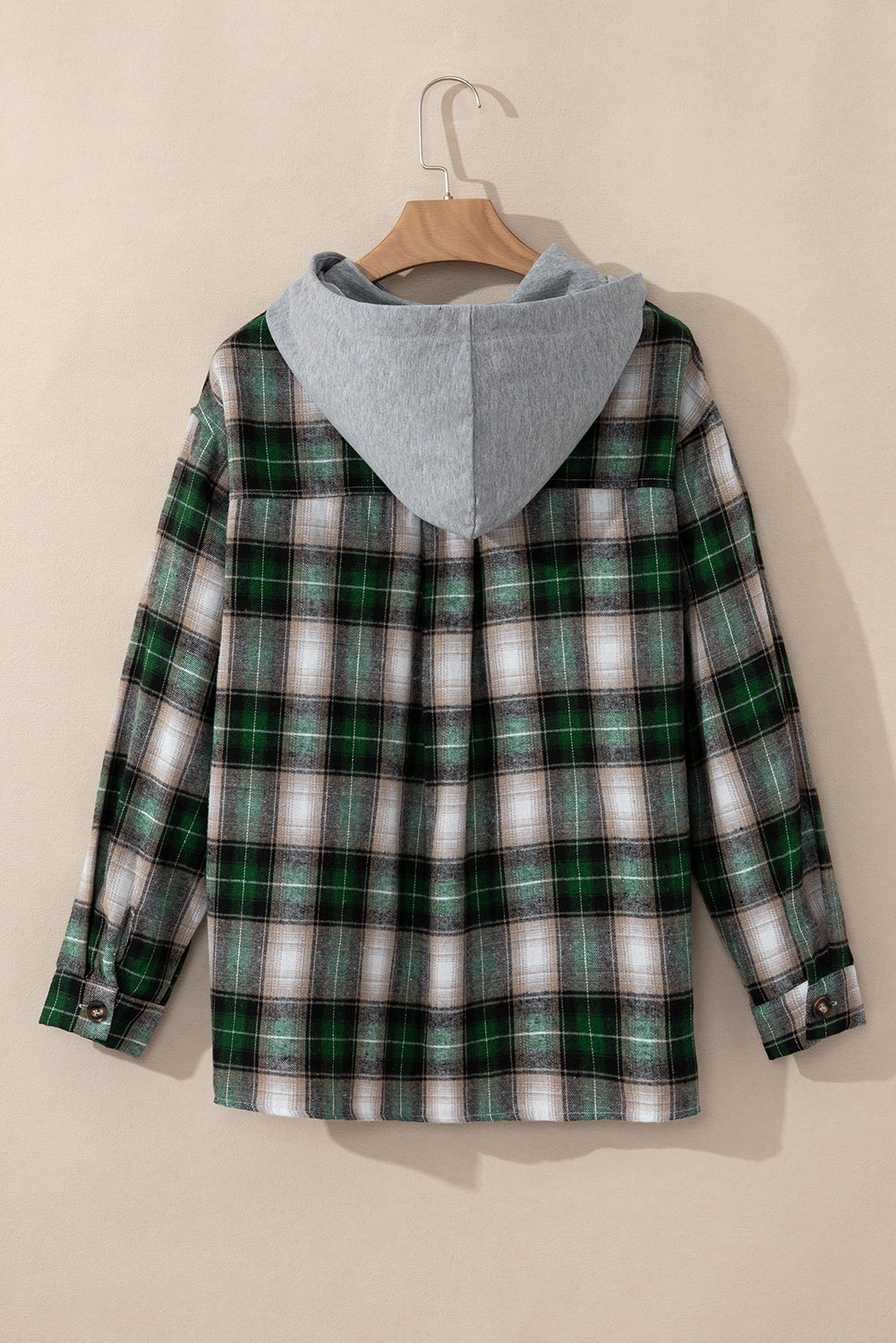 Green Plaid Print Chest Pocket Buttoned Hooded Shacket - Image 4