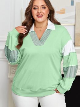 Moonlight Jade Color Block Striped Patchwork Collar V Neck Plus Size Sweatshirt
