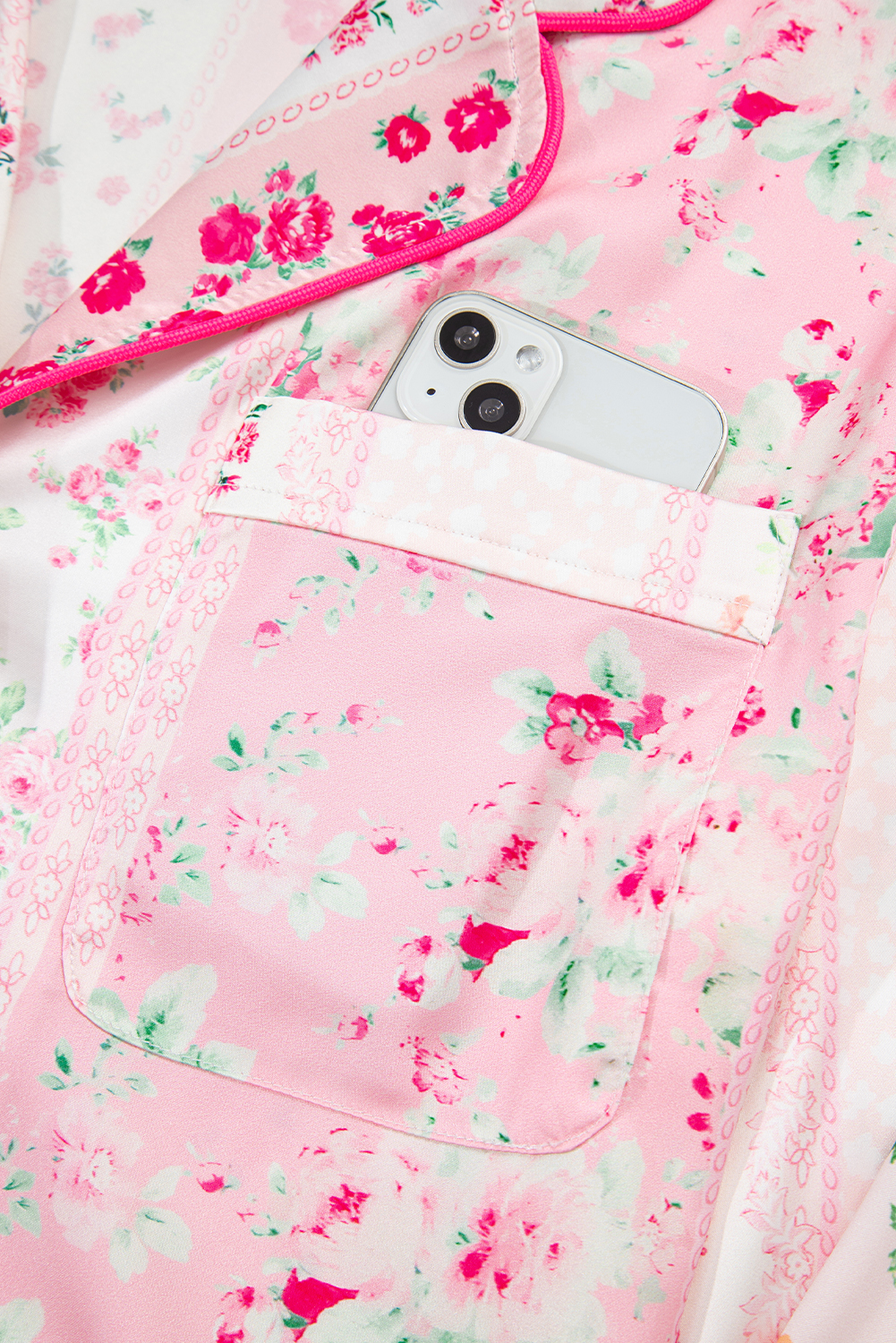 Pink Mixed Floral Print Contrast Piping Trim Satin Tie 2pcs Pajama Set - Image 8