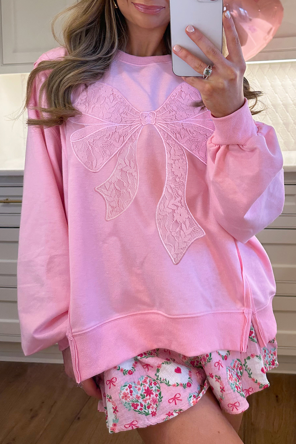 Bonbon Lace Insert Bow Embroidered Exposed Seam Sweatshirt - Image 8
