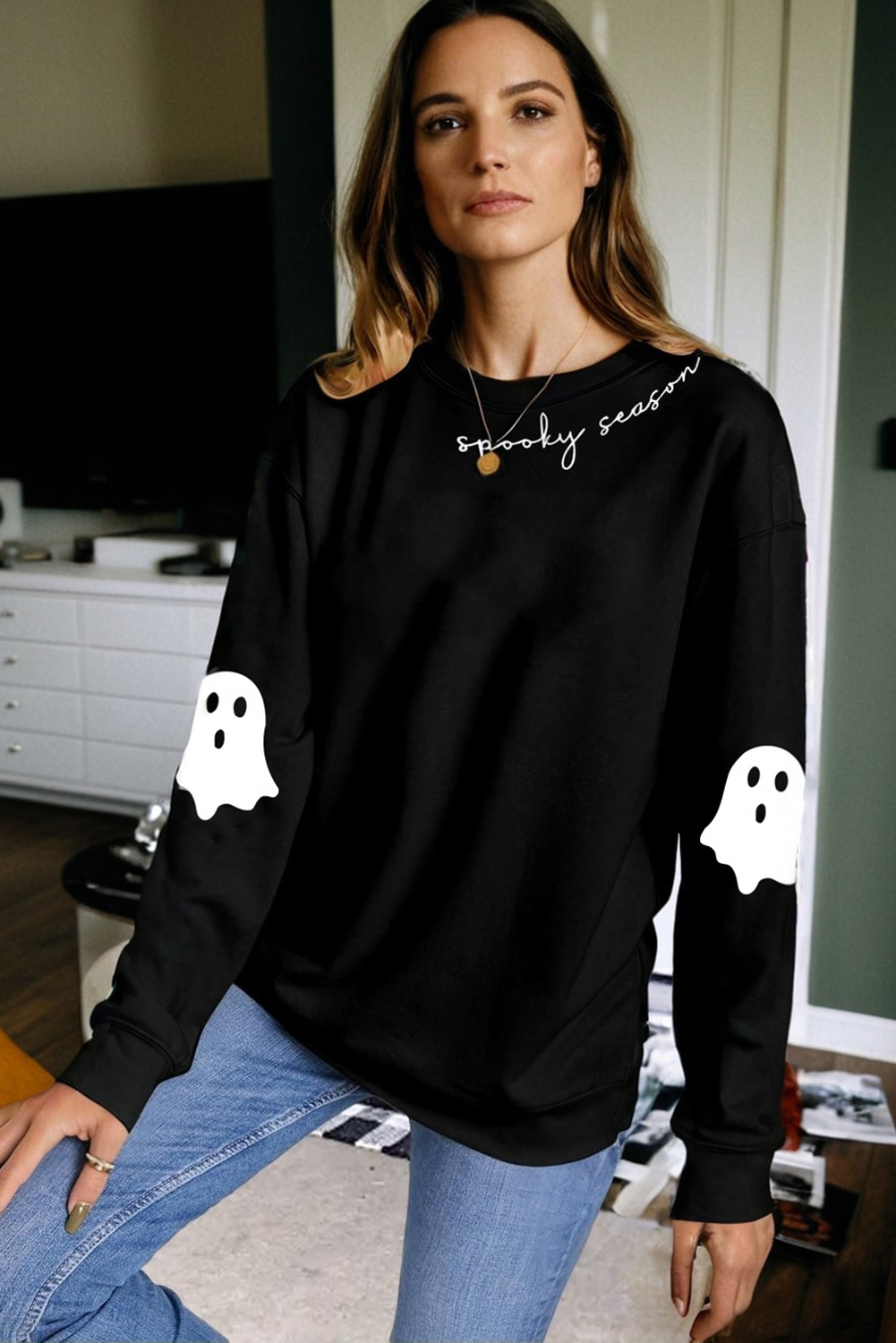 Black Spooky Season Halloween Ghost Printed Drop Shoulder Sweatshirt - Image 5