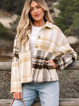Multicolour Plaid Patchwork Side Pockets Buttoned Shacket