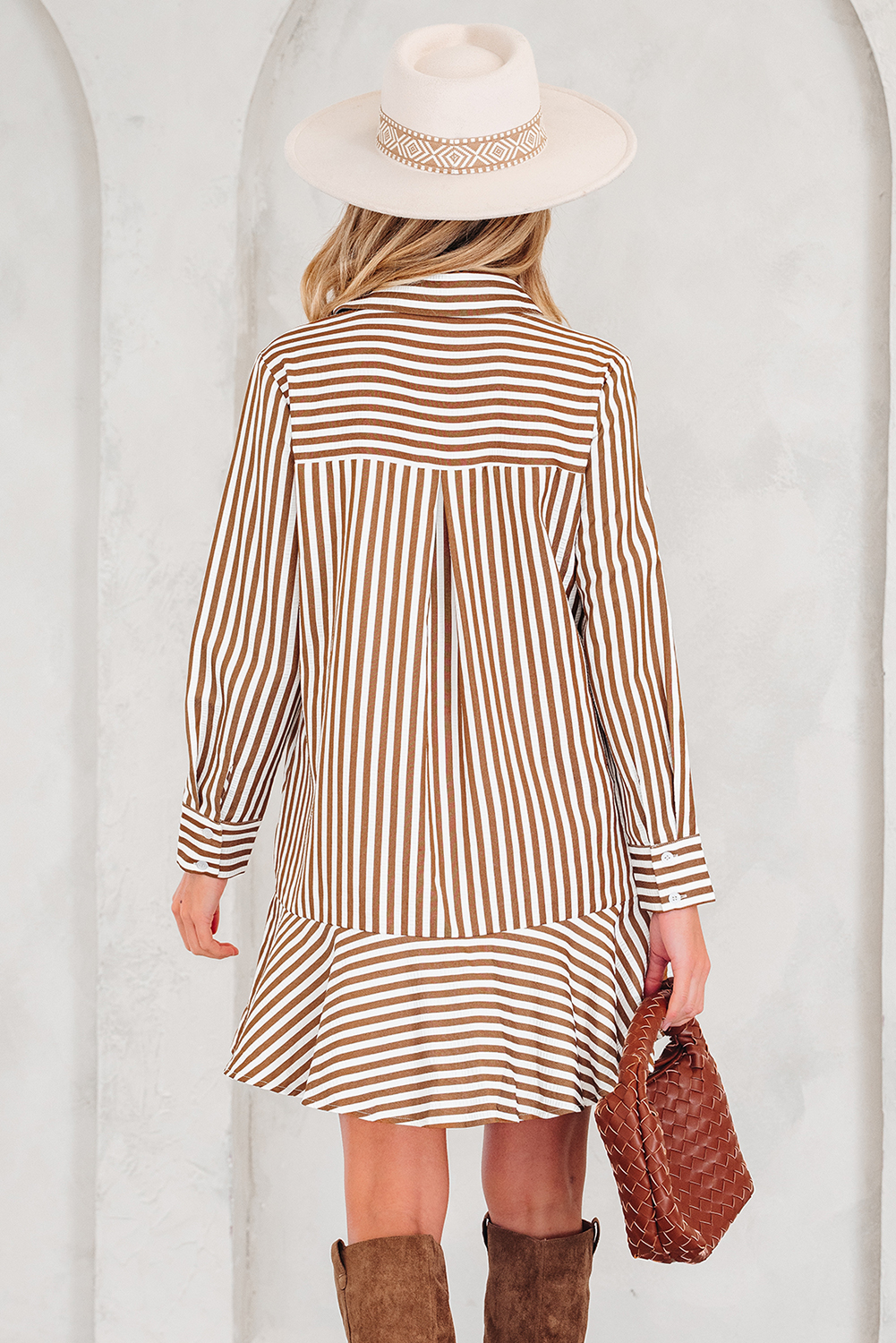 Brown Stripe Ruffled Hem Collared Long Sleeve Shirt Mini Dress - Image 2