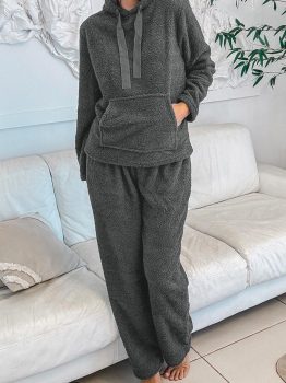 Medium Grey Fuzzy Drawstring Hoodie Lounge Pants 2pcs Set