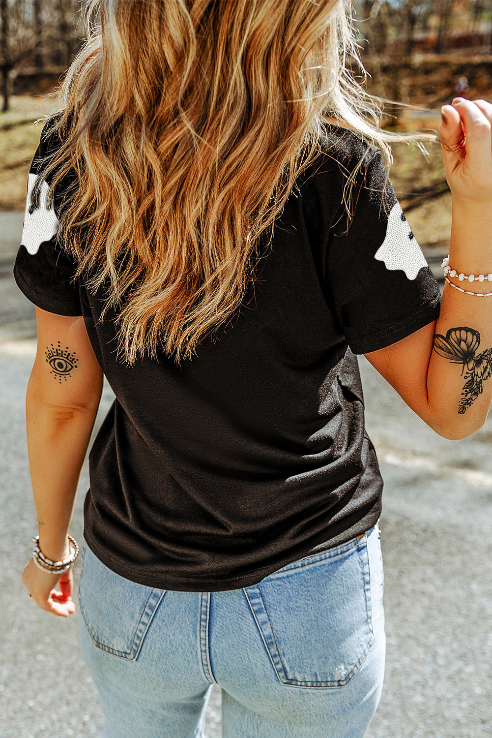 Black Sequin Halloween Ghost Patched Casual T Shirt - Image 3