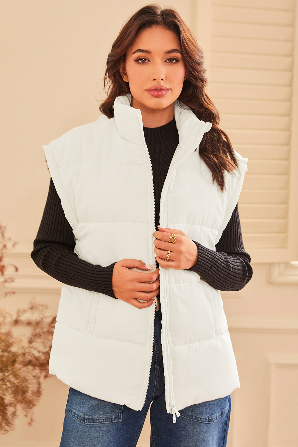 Beige Zipper Stand Neck Oversized Puffer Vest - Image 8