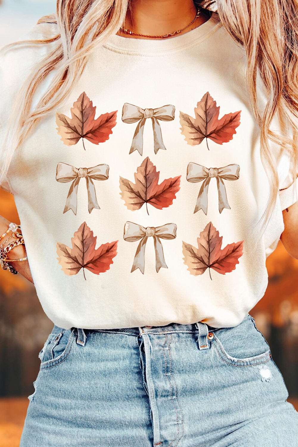 White Fall Leaf Bow Print Thanksgiving T Shirt - Image 3