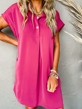 Rose Red Buttoned Collar Shift T-shirt Mini Dress