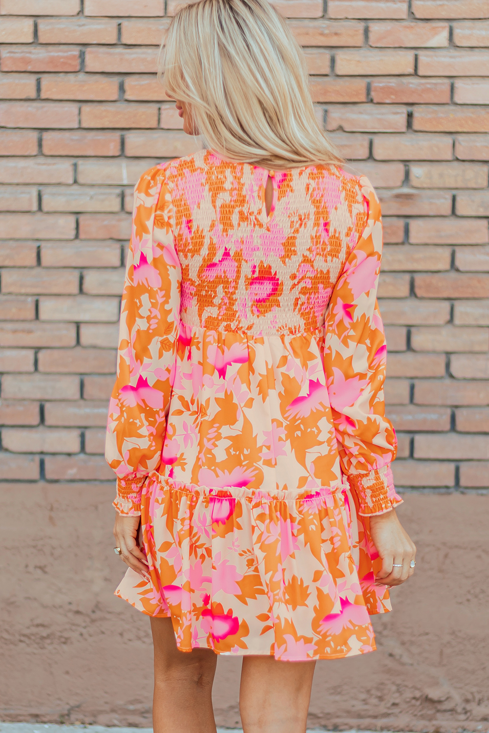 Orange Abstract Print Smocked Lantern Sleeve Ruffle Mini Dress - Image 2