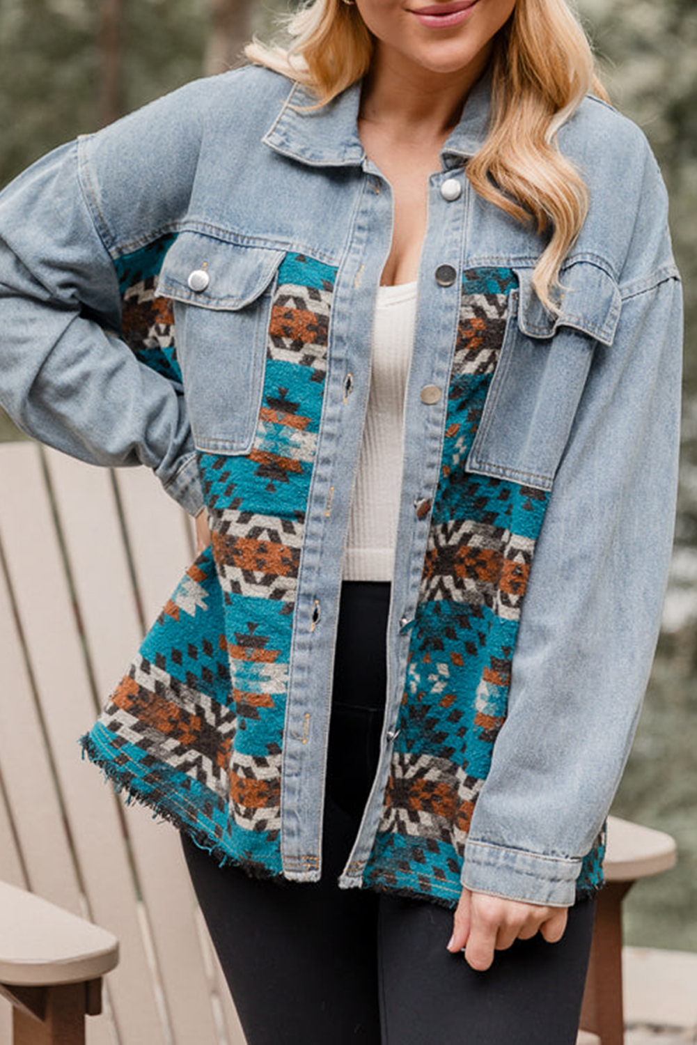 Blue Aztec Printed Denim Jacket - Image 8