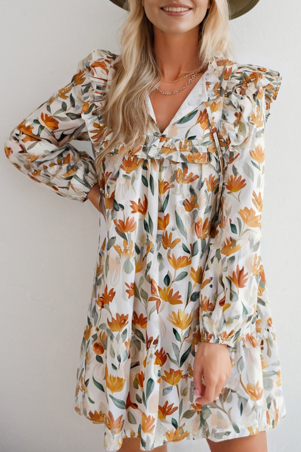 Yellow Floral Print Tie Neck Frilled Detail Long Sleeve Mini Dress - Image 2