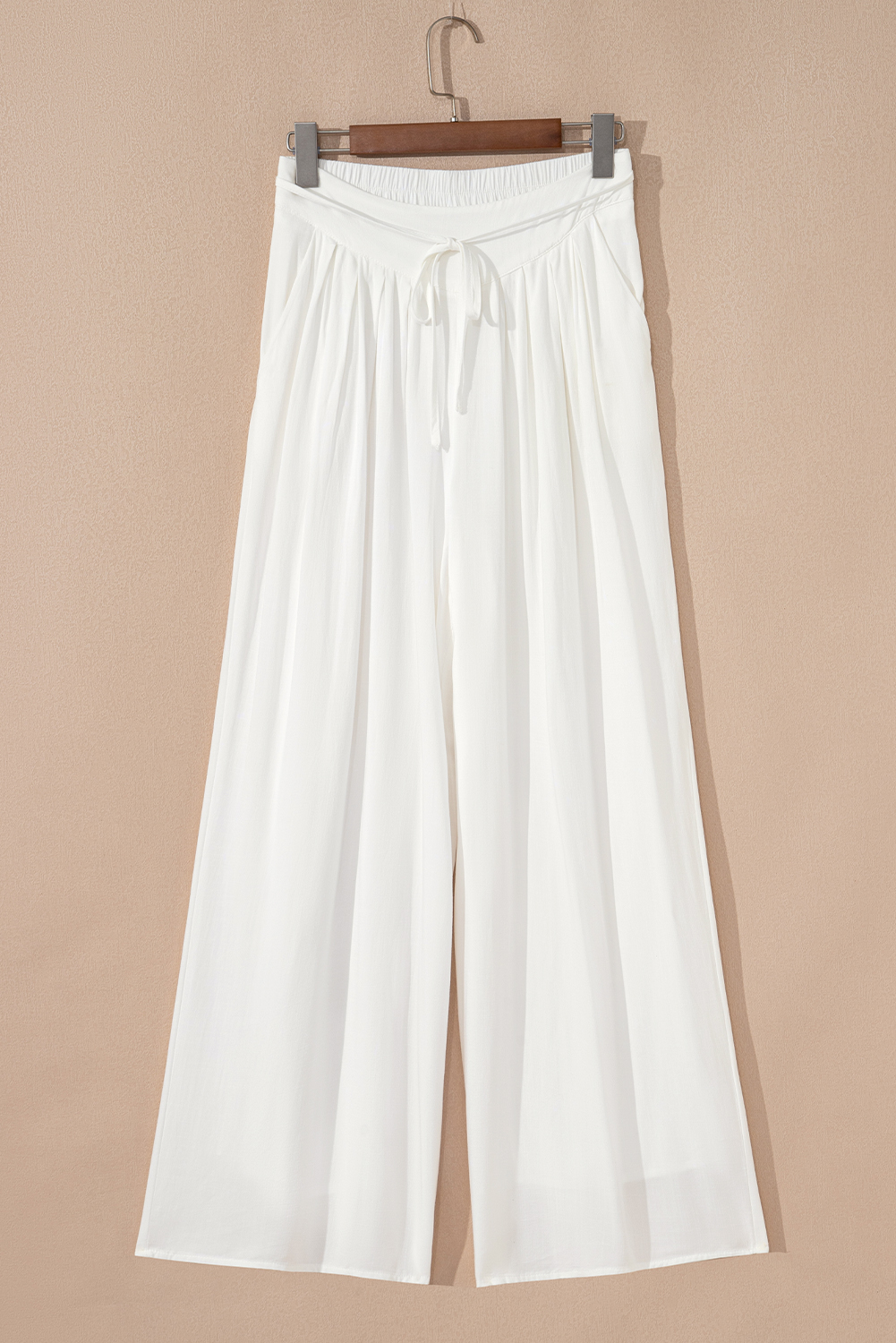 White Solid Drop Waist Pleated Wide Leg Casual Pants - Image 4