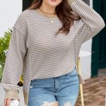 Brown Stripe Plus Size Breathable Knit Ribbed Trim Long Sleeve Top