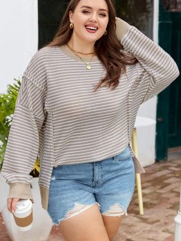 Brown Stripe Plus Size Breathable Knit Ribbed Trim Long Sleeve Top