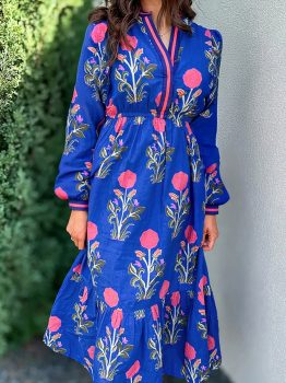 Blue Floral Print Striped Trim Split Neck Long Sleeve Ruffle Hem Midi Dress