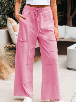 Bonbon Mineral Wash Exposed Seam Drawstring Elastic Waistband Wide Leg Cargo Pants