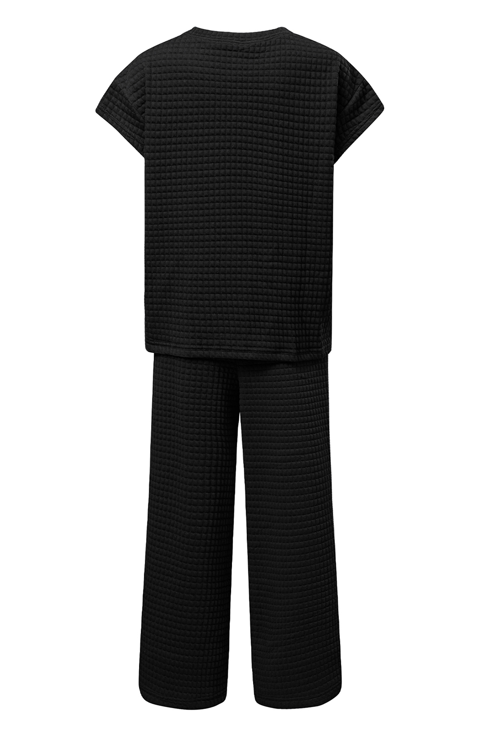Black Solid Color Textured Short Sleeve Top and Casual Pants Set - Image 8