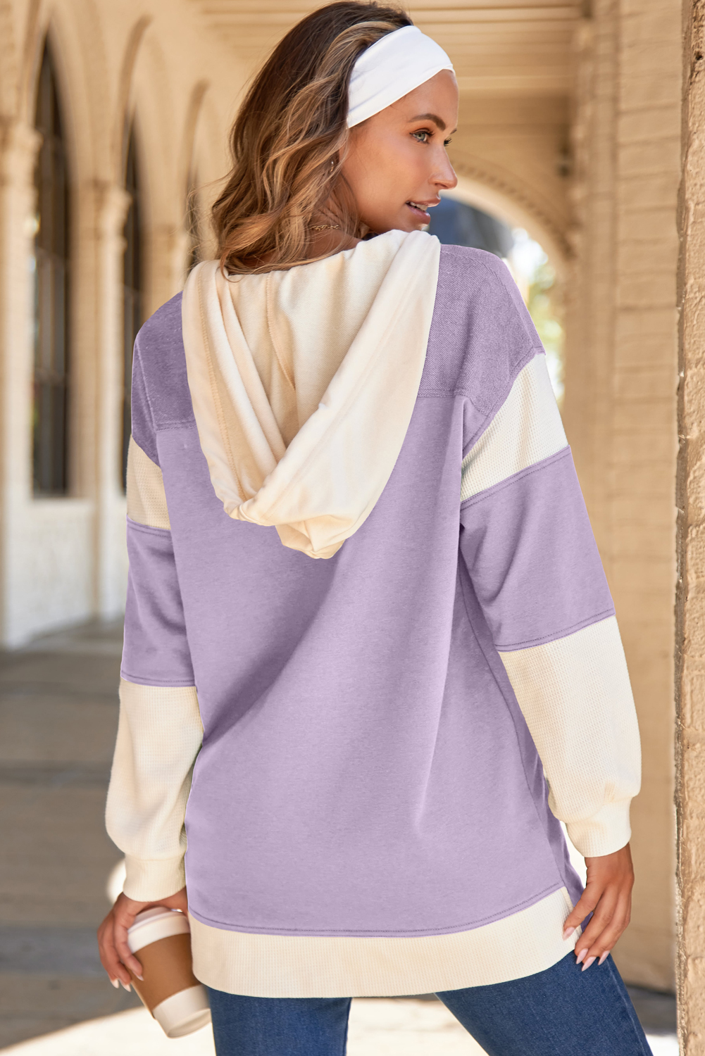 Orchid Petal Waffle Contrast Knit Color Block Patchwork Button Front Oversize Hoodie - Image 2