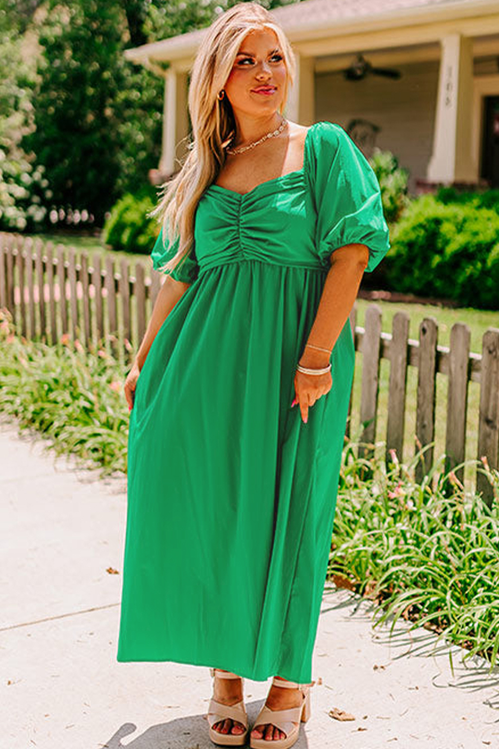 Bright Green Ruched Front Puff Sleeve Plus Size Long Dress - Image 5